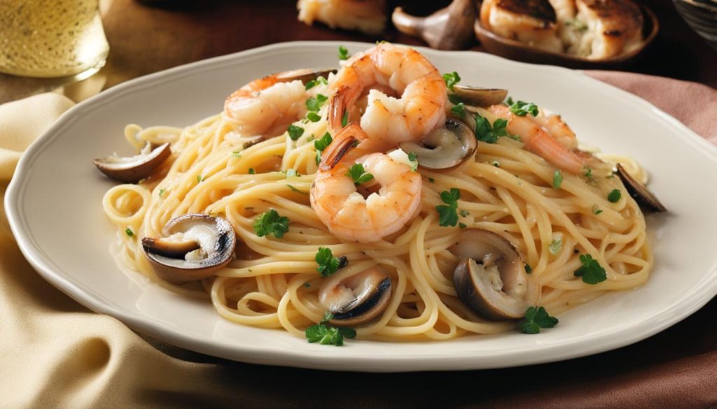 Spaghetti aux crevettes et champignons crémeux