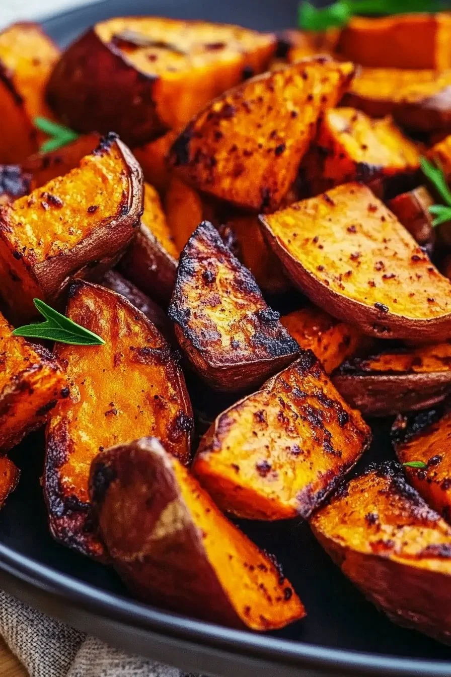 Deliciously roasted sweet potatoes on a baking sheet, golden and crispy
