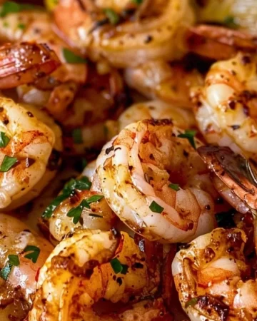 Plate of best lemon garlic shrimp garnished with parsley and lemon slices.