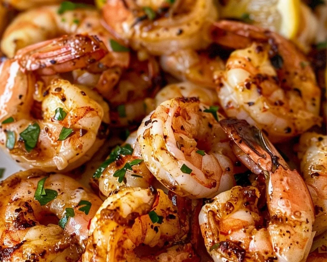 Plate of best lemon garlic shrimp garnished with parsley and lemon slices.