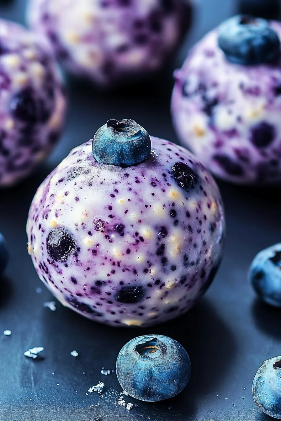 Delicious Blueberry Cheesecake Protein Bites stacked on a plate
