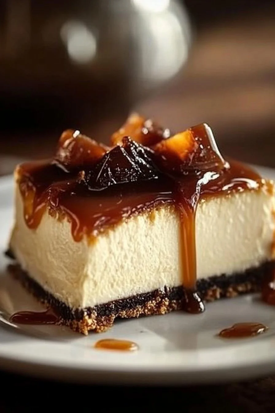 Bourbon Caramel Cheesecake topped with caramel drizzle and bourbon-infused cream.