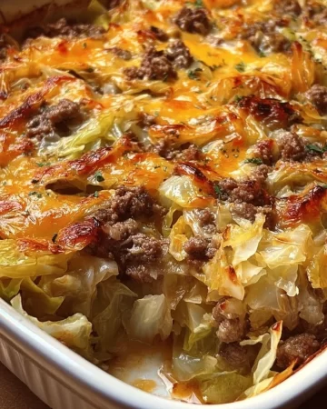 Delicious Cabbage Beef Bake with beef and cabbage layers, served in a baking dish.