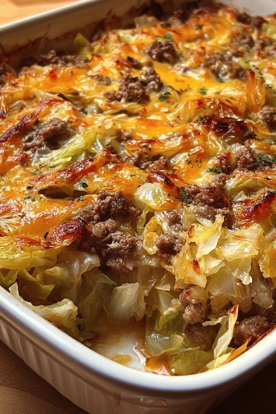 Delicious Cabbage Beef Bake with beef and cabbage layers, served in a baking dish.