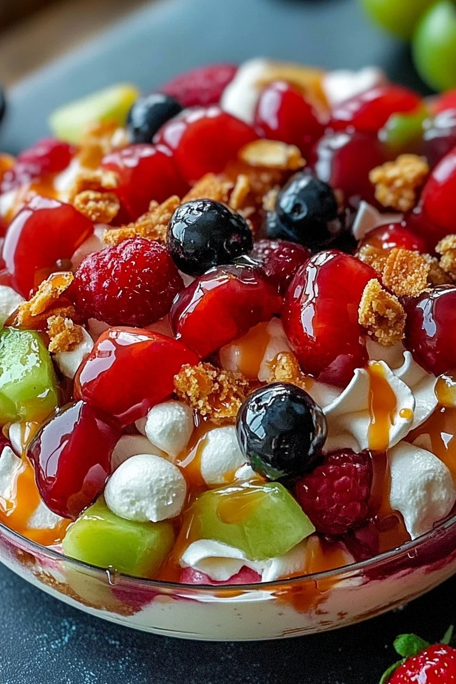 Caramel crunch cheesecake fruit salad topped with fresh fruits and caramel drizzle.