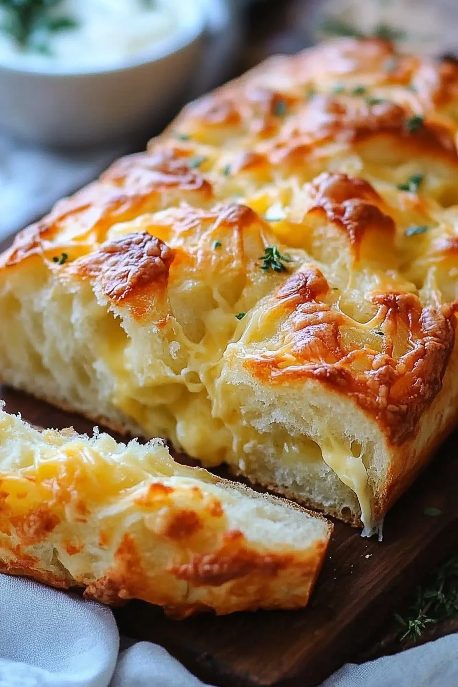 Homemade cheese bread fresh out of the oven, gooey and golden brown.