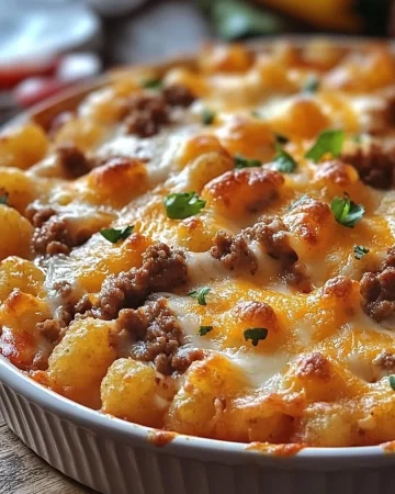 Cheesy tater tot casserole with ground beef and Rotel in a baking dish