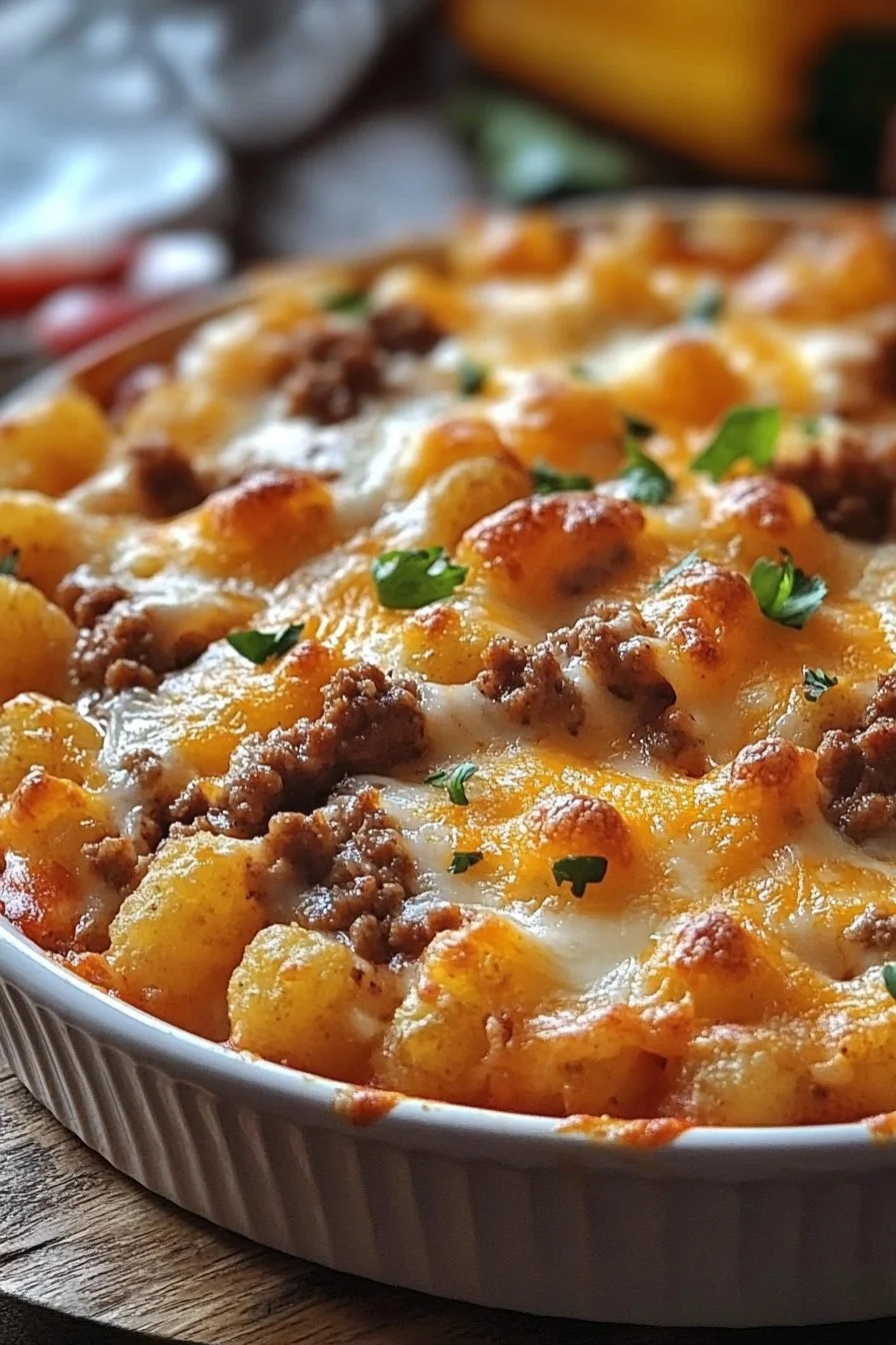 Cheesy tater tot casserole with ground beef and Rotel in a baking dish