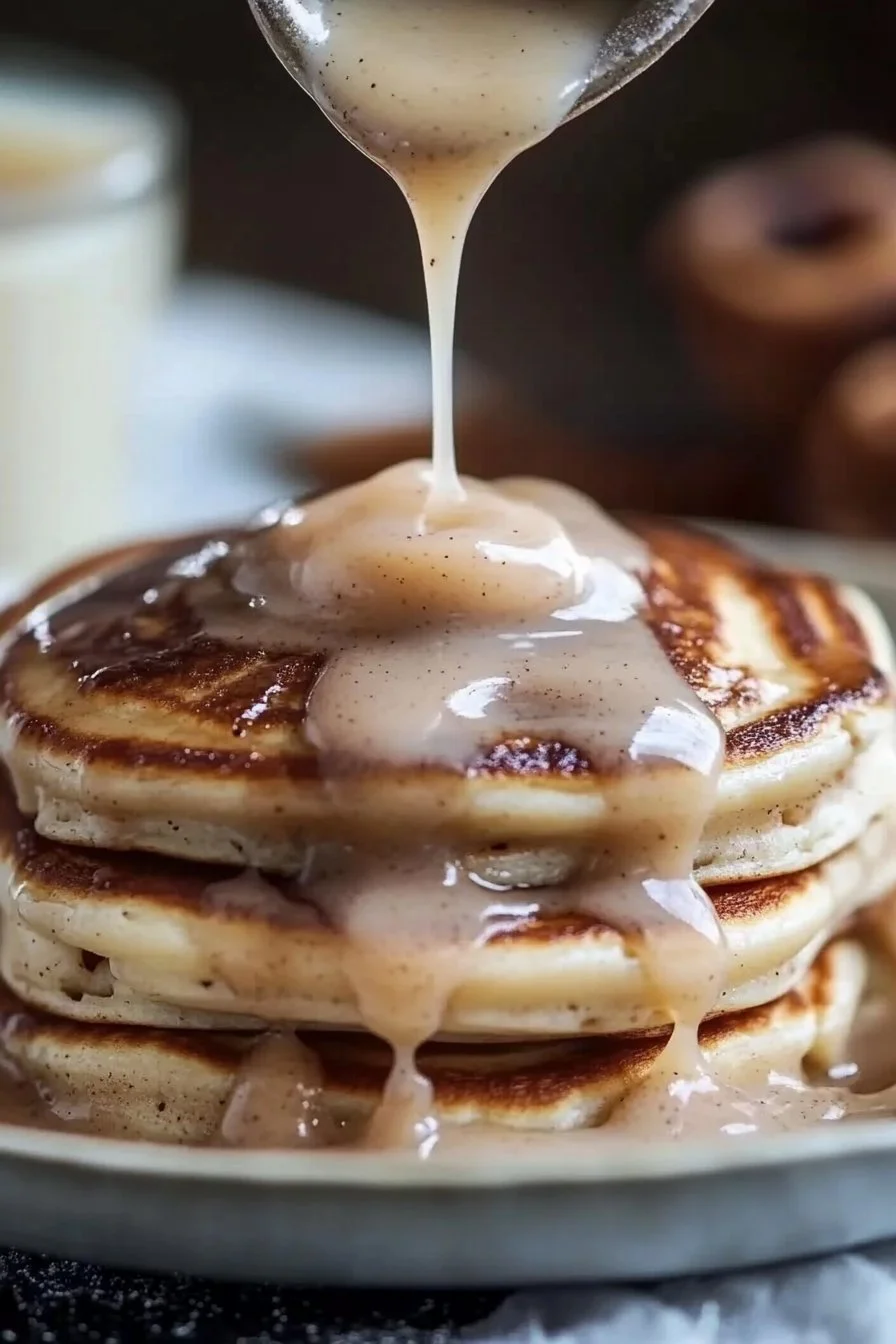 Delicious cinnamon roll pancakes topped with cream cheese icing