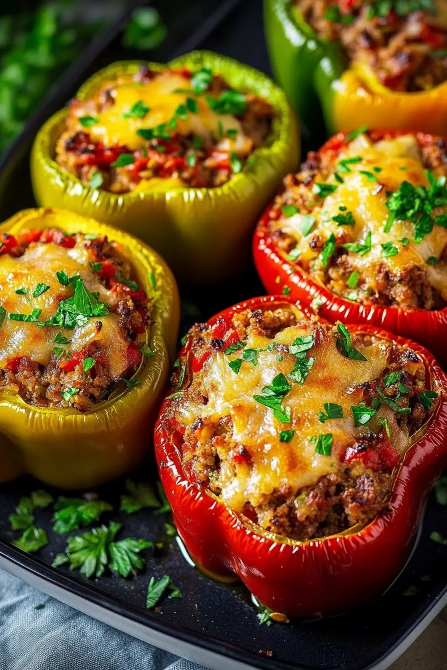 Delicious classic stuffed bell peppers filled with rice and vegetables
