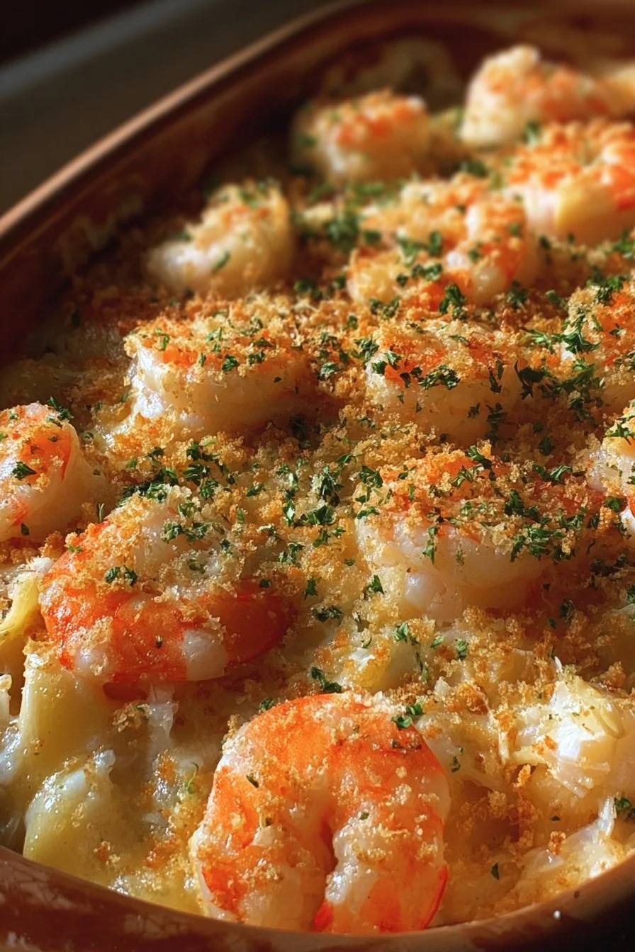Baked crab shrimp casserole topped with cheese and breadcrumbs