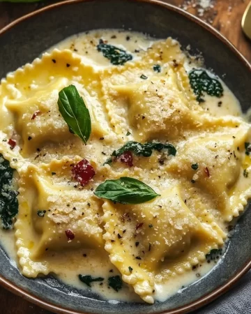 Creamy Tuscan ravioli served with rich sauce and fresh herbs