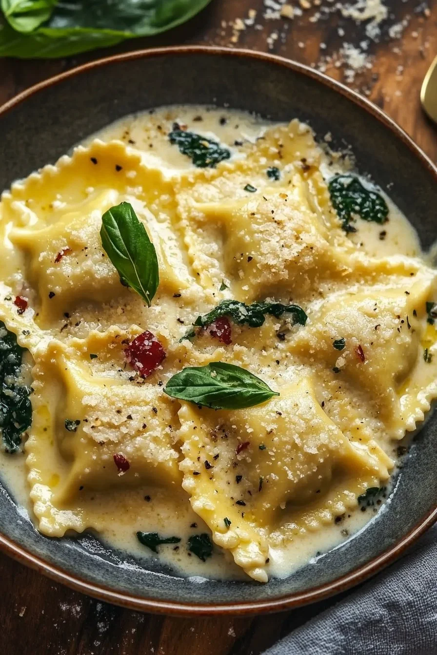 Creamy Tuscan ravioli served with rich sauce and fresh herbs