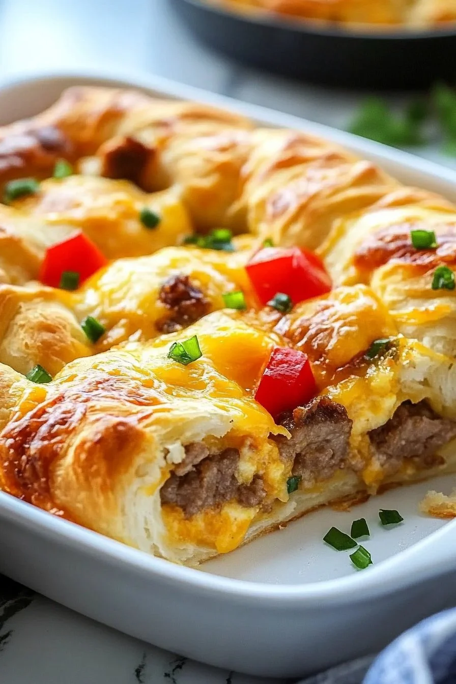 Delicious Crescent Roll Breakfast Casserole baked to perfection.