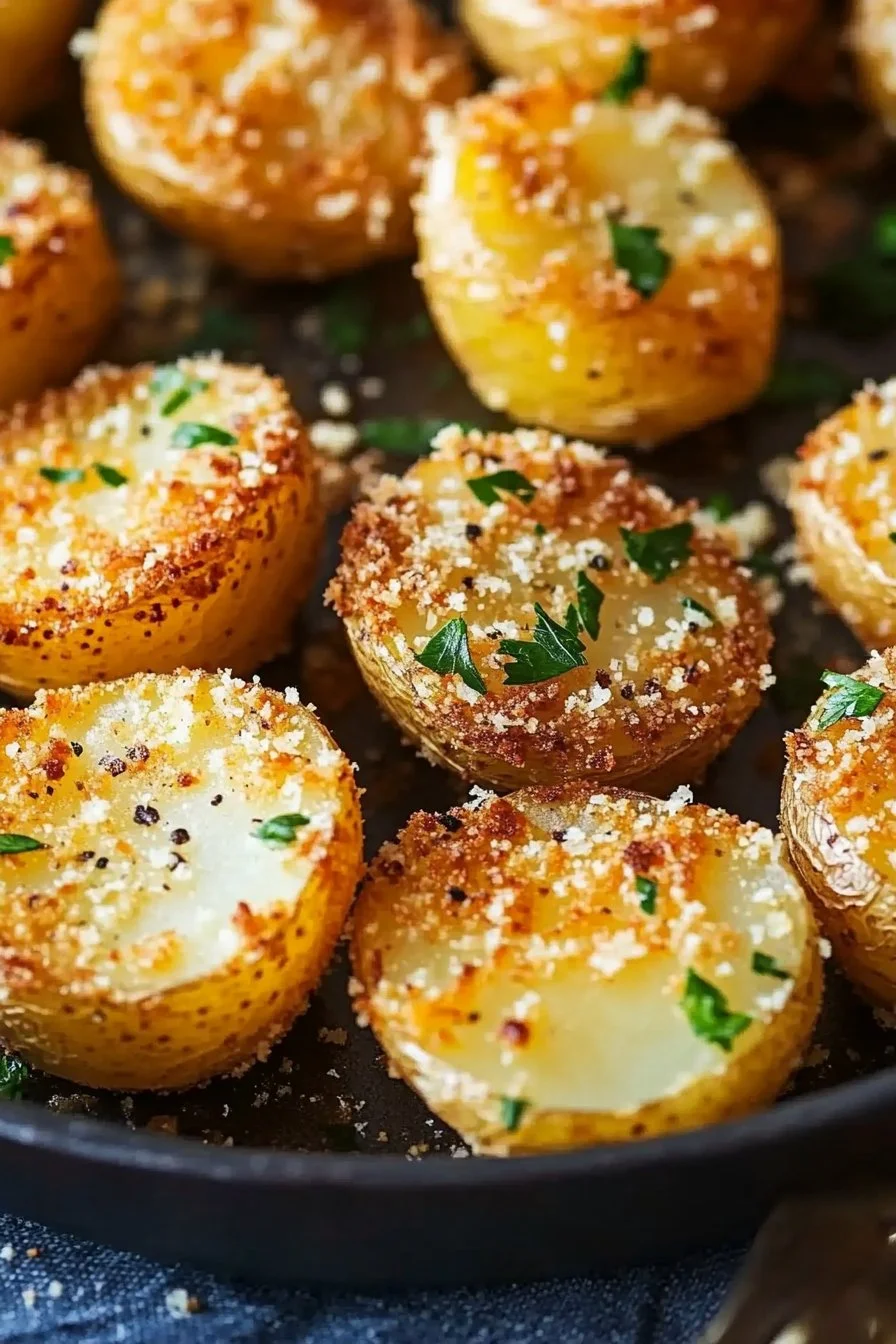 Plate of crispy garlic parmesan potatoes garnished with herbs