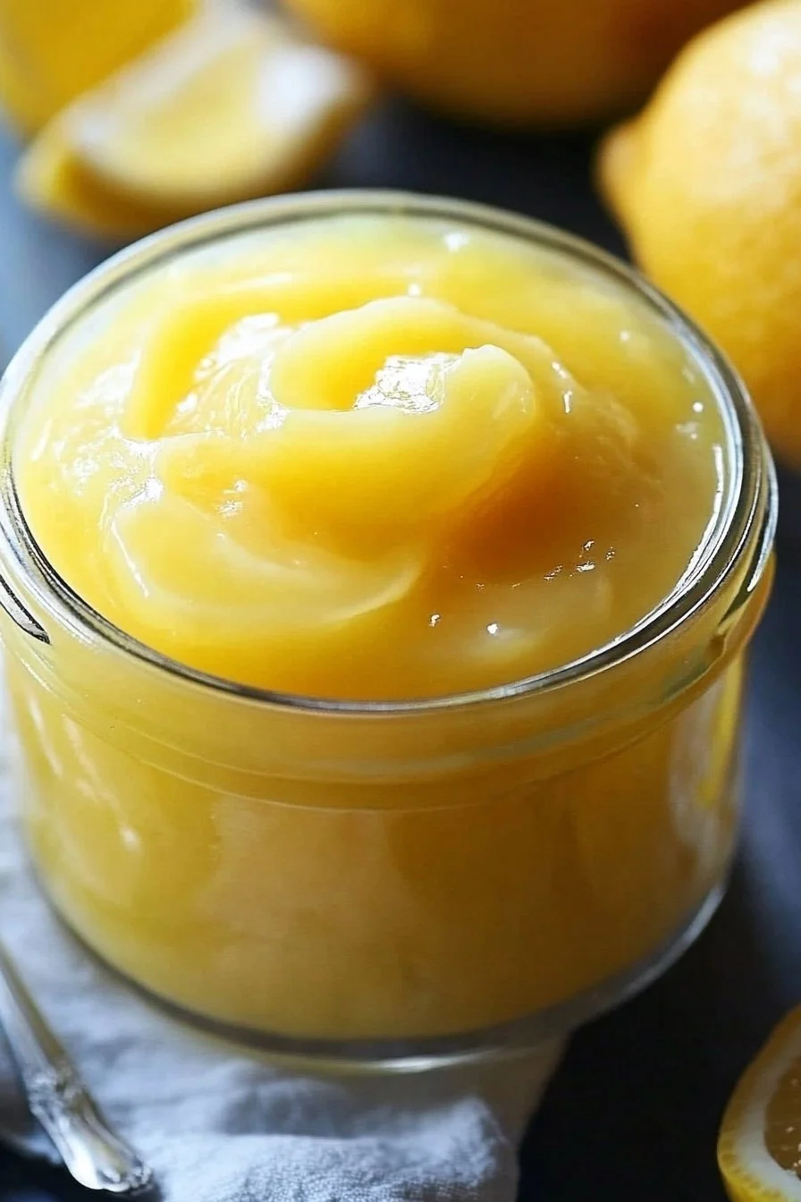 Jar of homemade easy lemon curd with fresh lemons next to it.