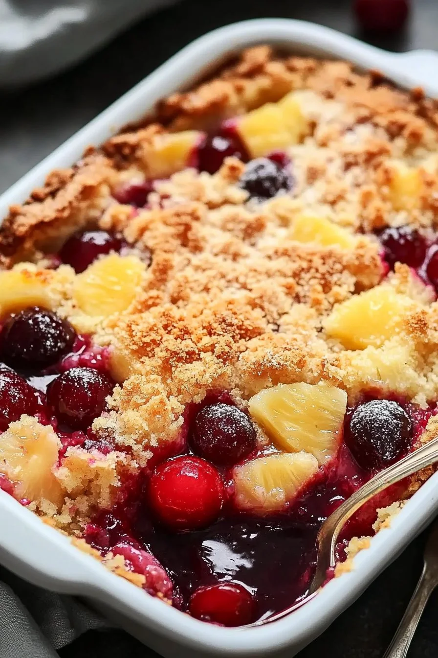 Easy Pineapple Cherry Dump Cake topped with cherries and pineapple, served in a dish.