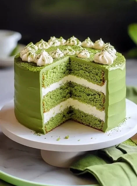 Fluffy Matcha Dream Cake topped with matcha cream and strawberries