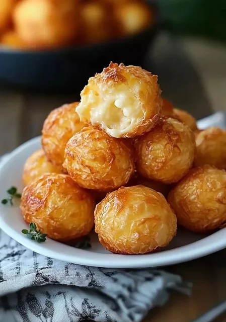 Baked herbed cheese puffs served on a plate with fresh herbs