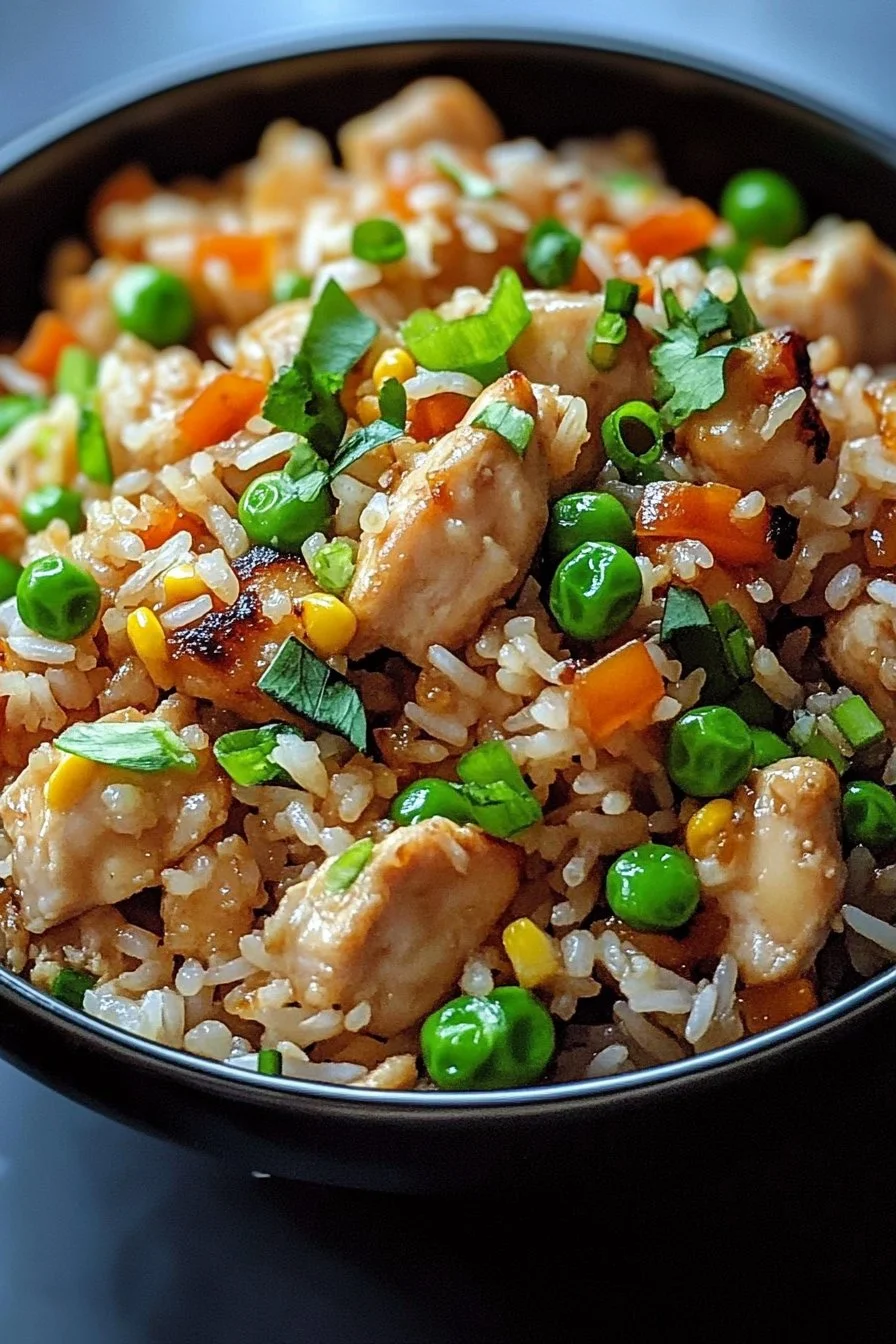 High protein crispy garlic chicken fried rice dish topped with fresh herbs