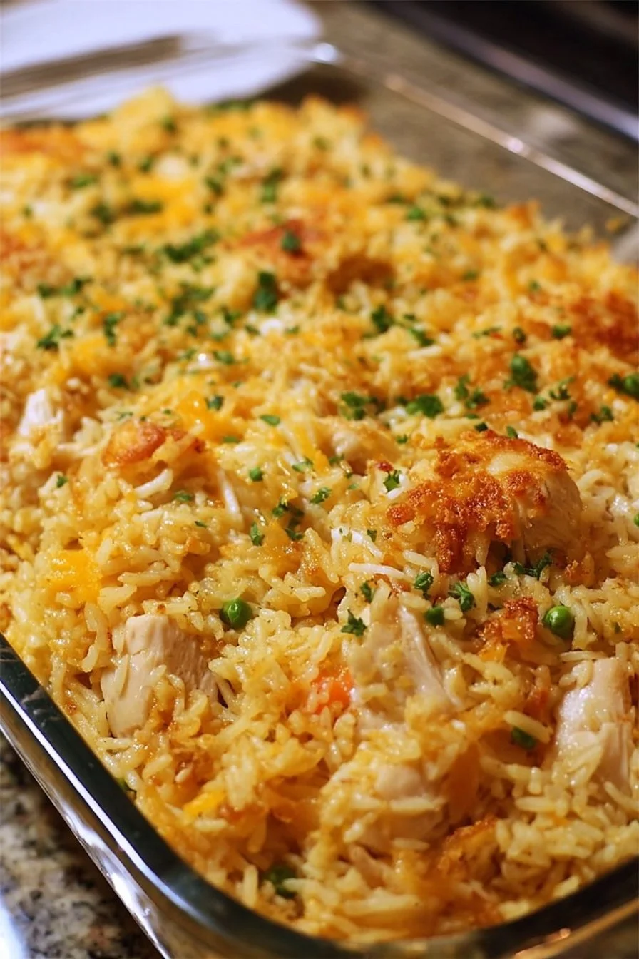 Delicious Million Dollar Chicken Rice-A-Roni Casserole topped with melted cheese