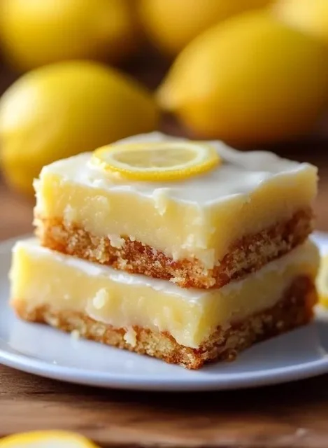 Moist lemon brownies topped with a zesty lemon glaze