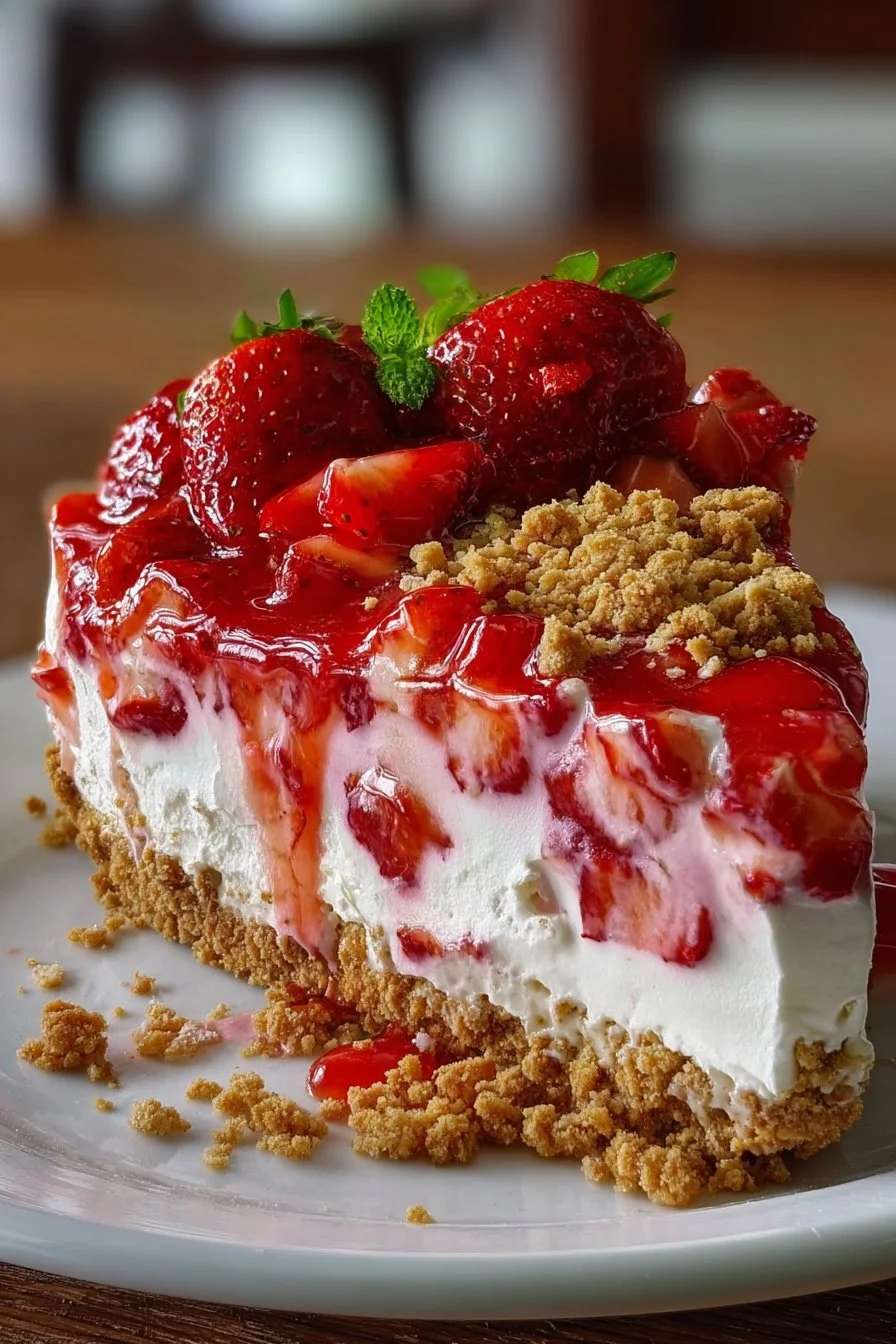Delicious no-bake strawberry crunch cheesecake topped with fresh strawberries