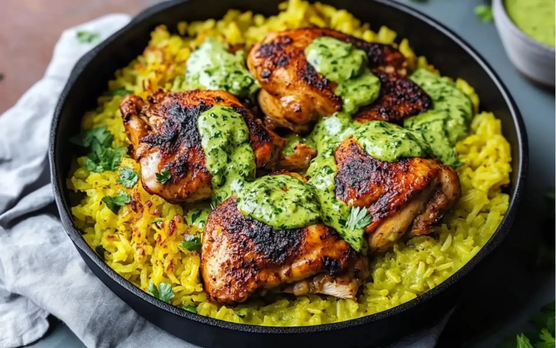 Plate of Peruvian chicken with rice and vibrant green sauce