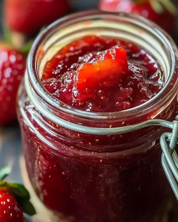 Jar of quick homemade strawberry jam on a wooden table
