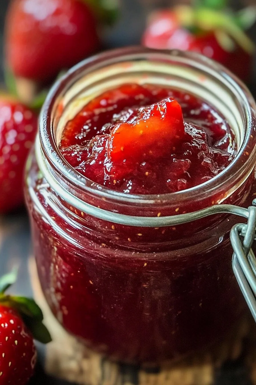 Jar of quick homemade strawberry jam on a wooden table