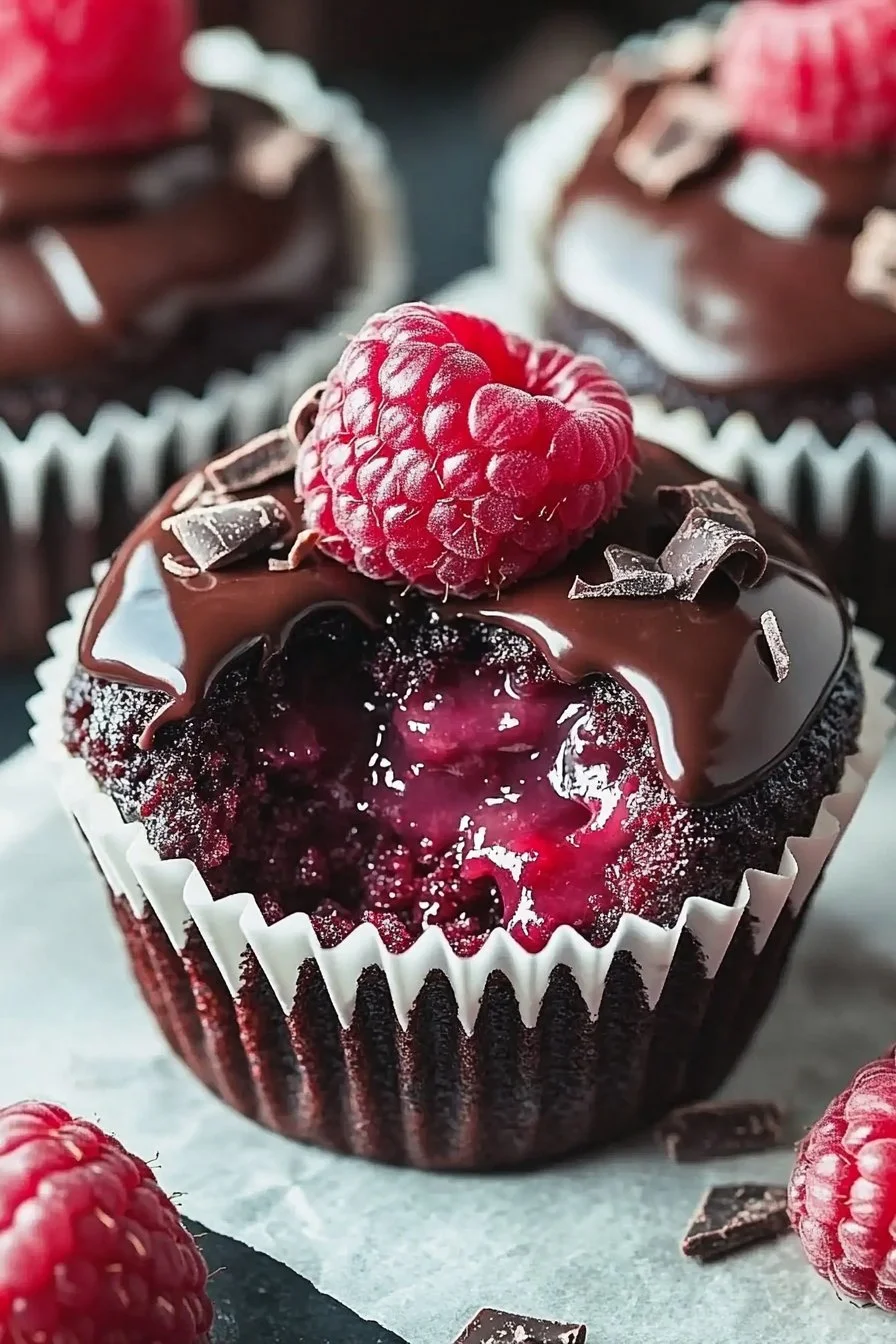 Raspberry chocolate lava cupcakes with molten centers ready to be enjoyed.
