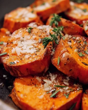 Dish of roasted sweet potatoes with garlic and parmesan topping, served warm.