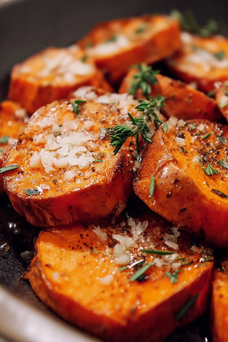 Dish of roasted sweet potatoes with garlic and parmesan topping, served warm.