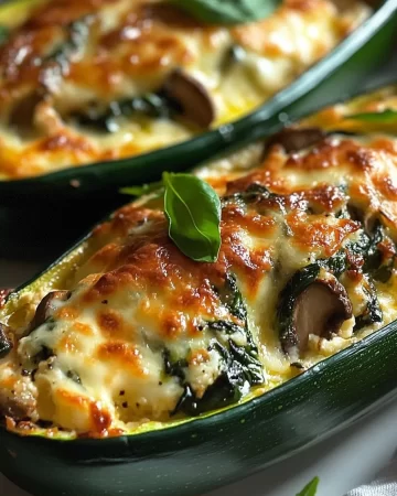 Spinach, Mushroom, and Ricotta Stuffed Zucchini served on a plate