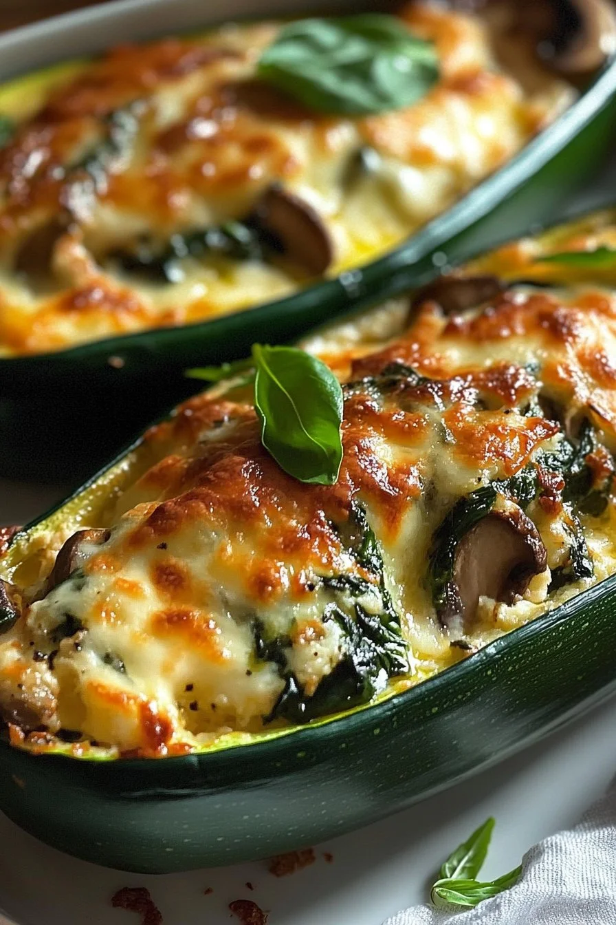 Spinach, Mushroom, and Ricotta Stuffed Zucchini served on a plate