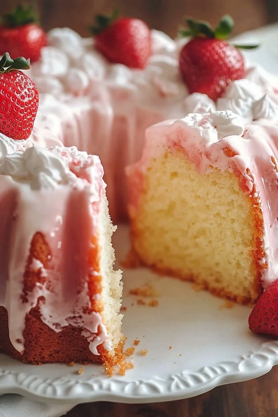 Delicious slice of Strawberry Buttermilk Pound Cake with fresh strawberries