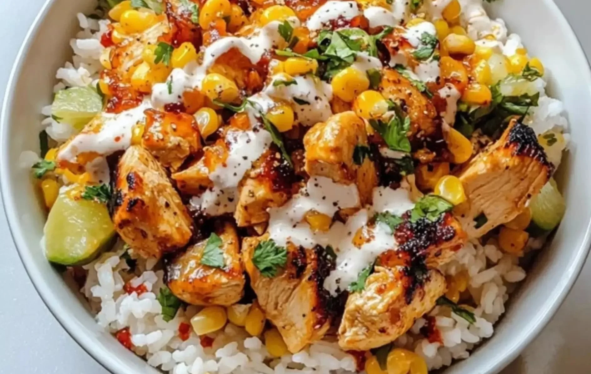 Delicious Street Corn Chicken Rice Bowl with grilled chicken and corn