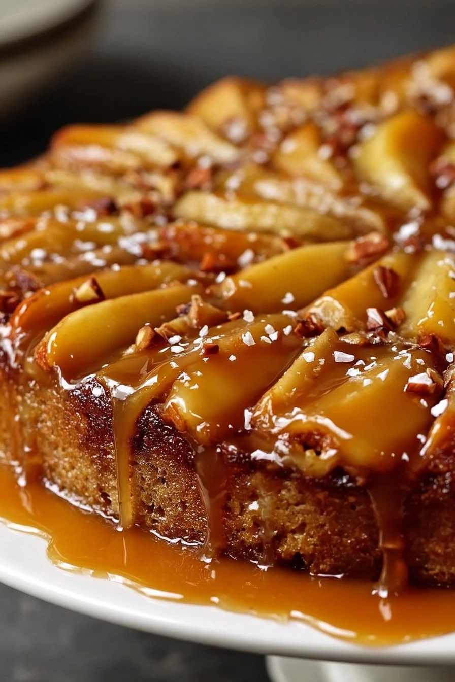 Homemade Swedish apple cake with caramel drizzled on top, served on a plate.