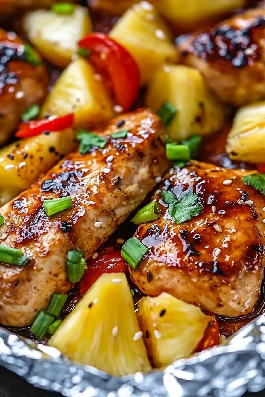 Teriyaki chicken and pineapple foil packets on a grill