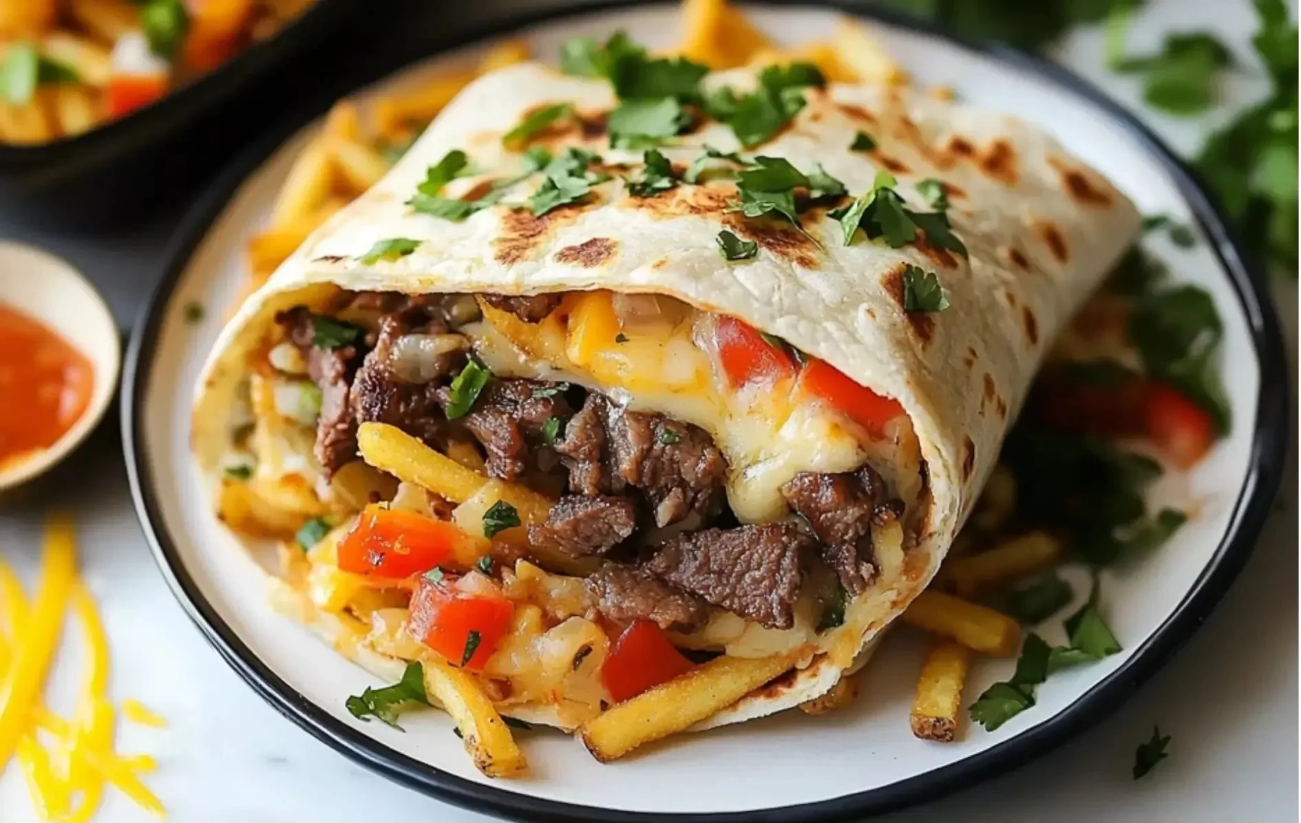 Steak and cheese burritos with dirty fries, the ultimate comfort food