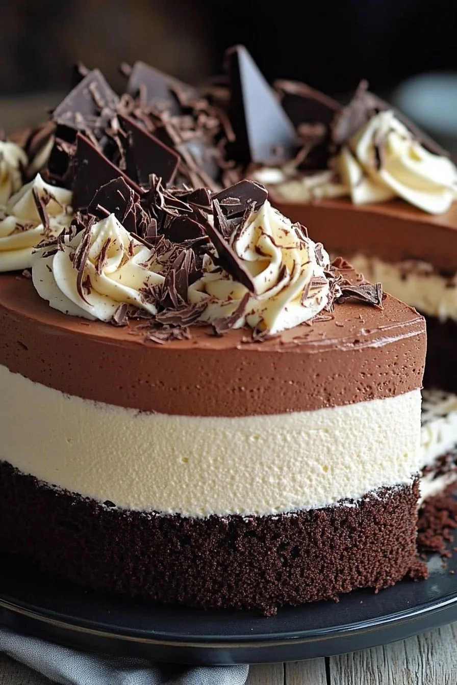 Decadent Tuxedo Cake featuring layers of rich triple chocolate mousse.