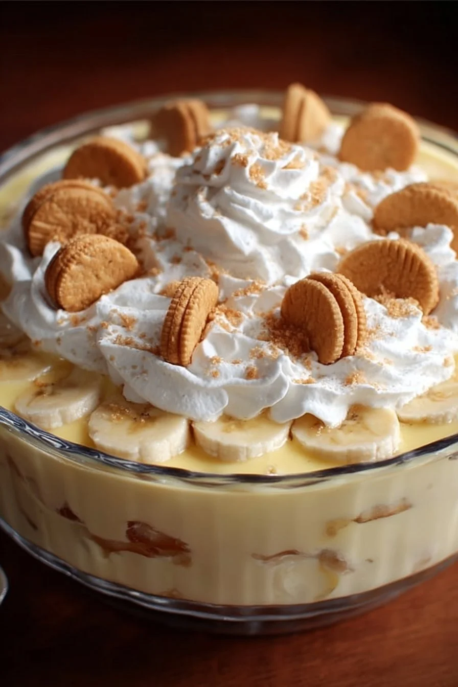 Delicious banana pudding dessert in a glass with layers of bananas and cream