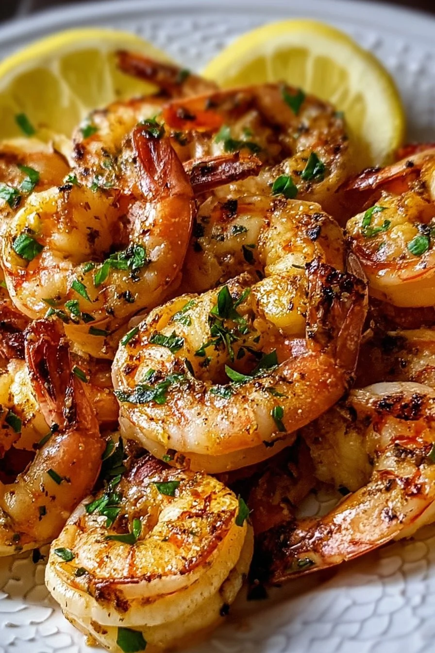 Delicious lemon garlic shrimp served on a plate garnished with herbs.