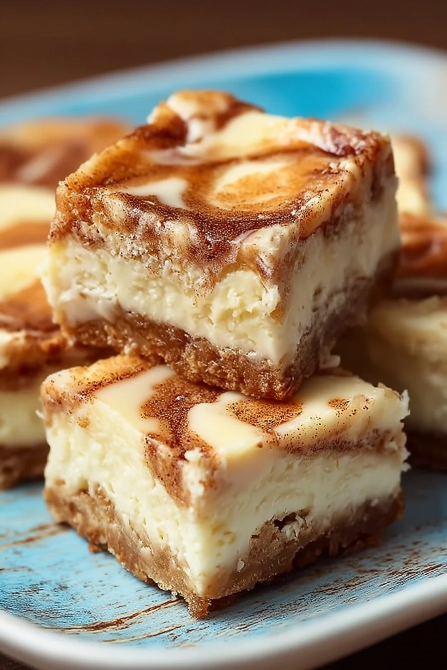 Delicious Blender Cinnamon Roll Cheesecake Bars with creamy texture and cinnamon swirl.