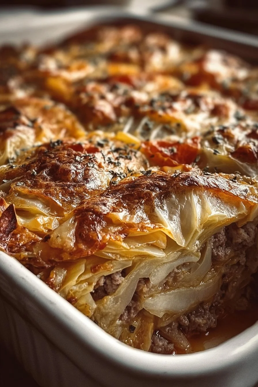 Cabbage Beef Bake dish with layers of beef and cabbage in a savory sauce.