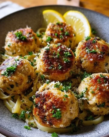 Chicken Piccata Meatballs served on a plate with lemon and capers