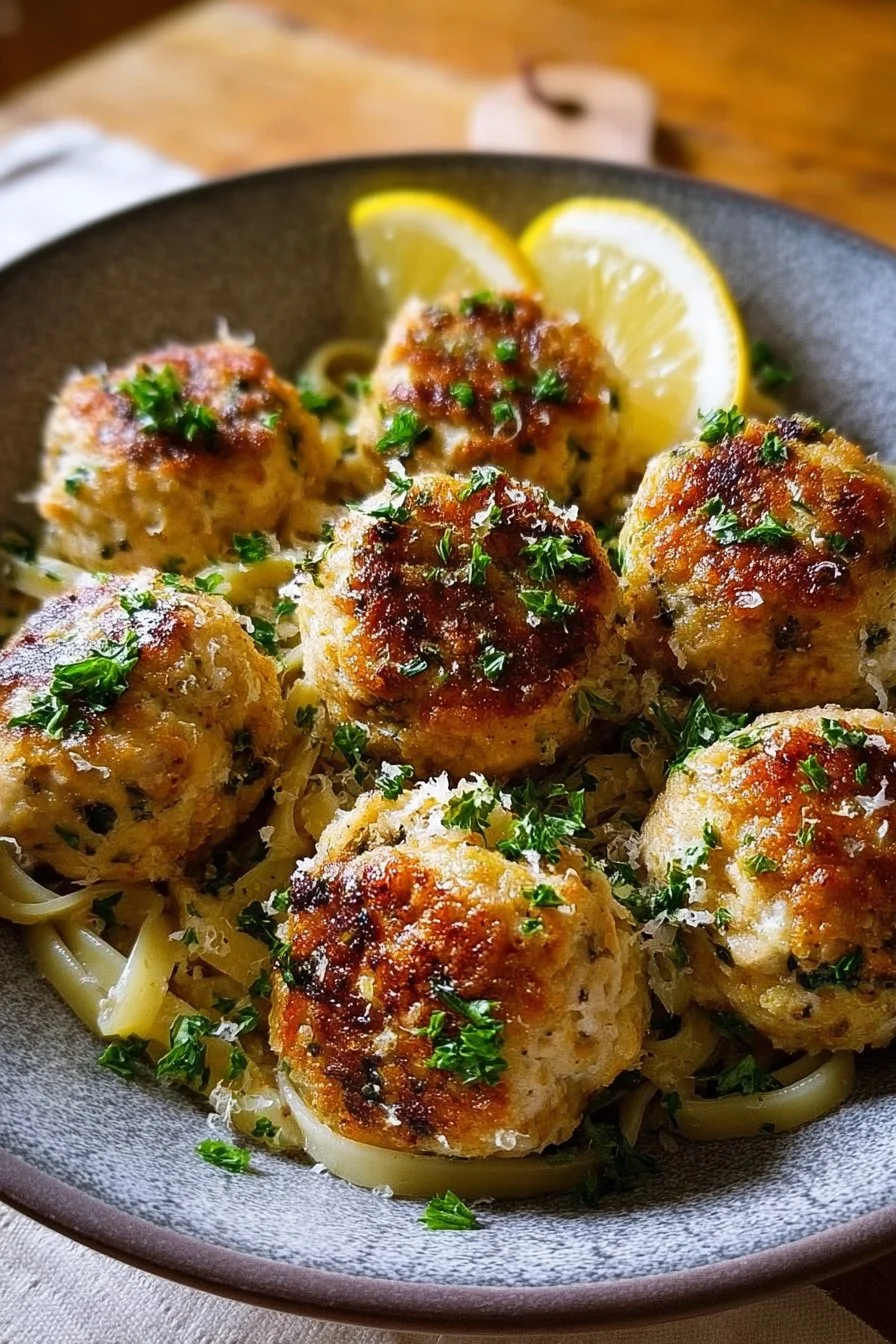 Chicken Piccata Meatballs served on a plate with lemon and capers