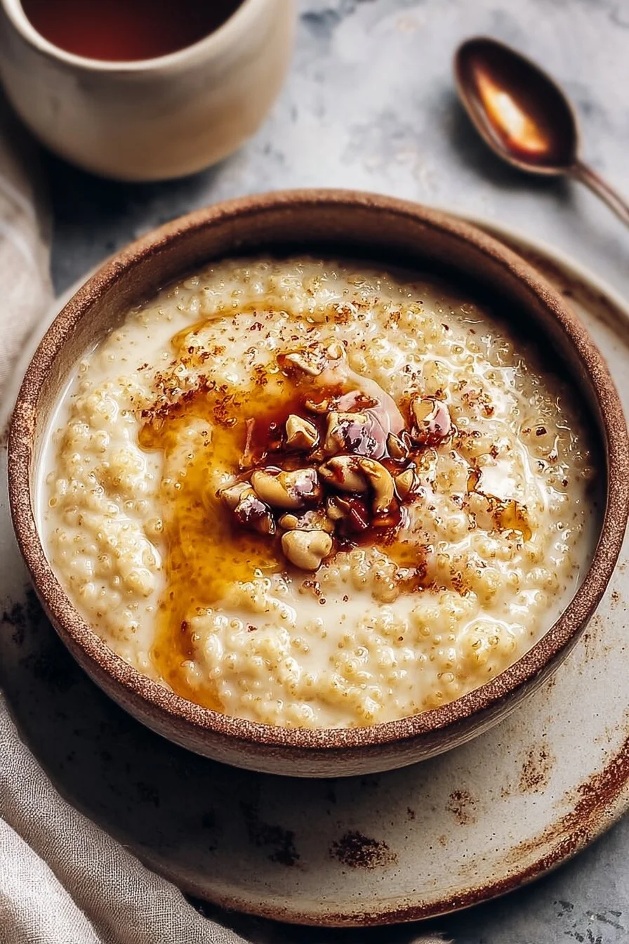 Bowl of creamy vanilla millet porridge topped with fruits and nuts