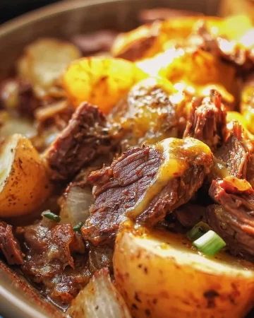 Crockpot Loaded Steak and Potato Bake served in a rustic bowl
