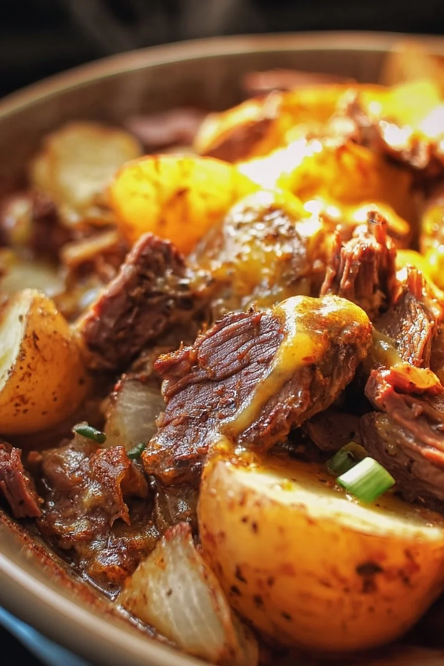 Crockpot Loaded Steak and Potato Bake served in a rustic bowl